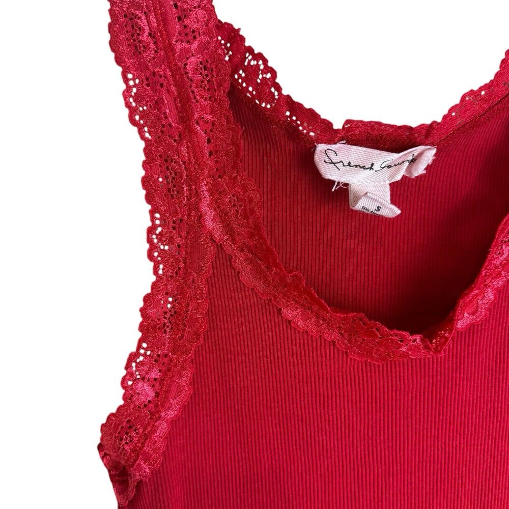 French Laundry Lace Trim Tank Top Size S Red Ribbed V Neck Fitted Y2K Lettuce Tr - Picture 2 of 8